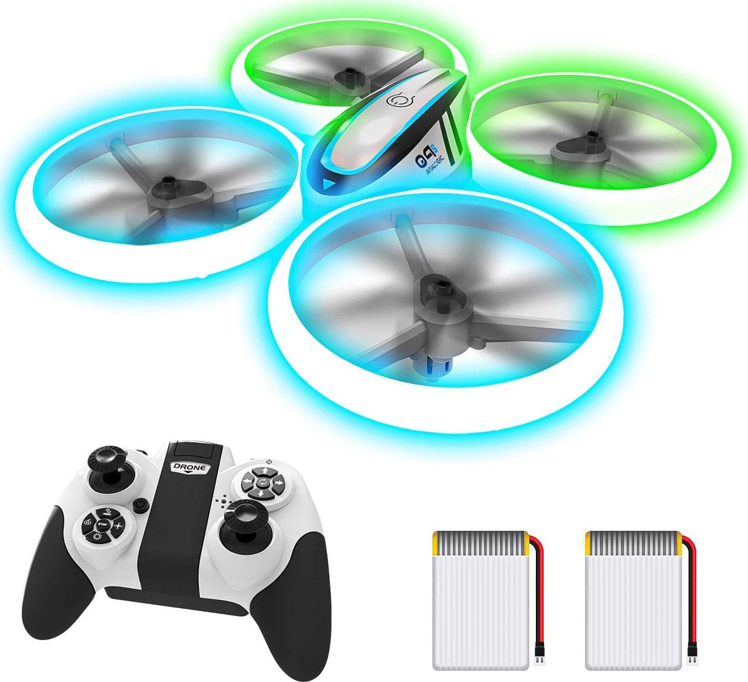 Q9s Kids Drone: Altitude Hold, Headless Mode, Blue/Green Lights, Full Protection, 2 Batteries