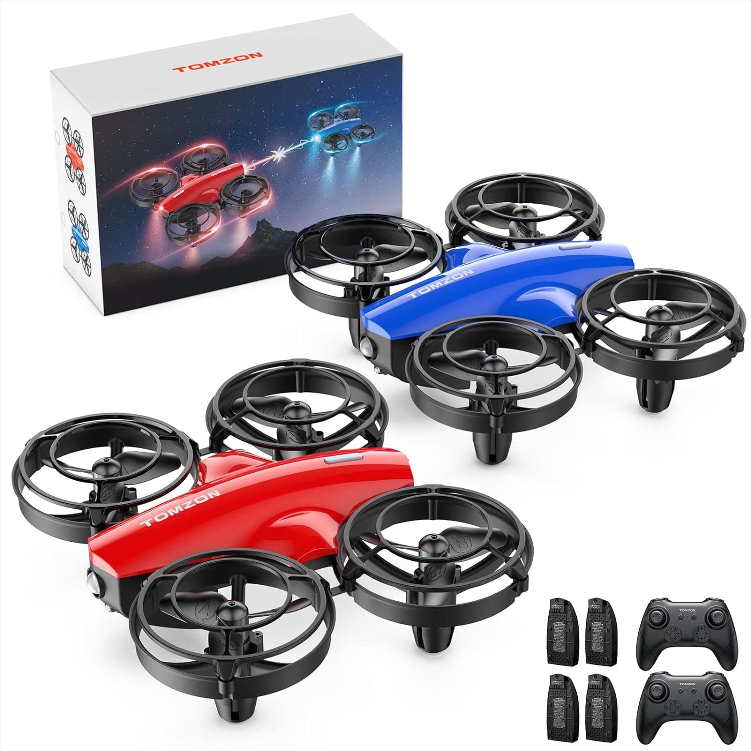 TOMZON A24 Mini Drone for Kids: Battle Mode, Throw to Go, High Speed Rotation – Red & Blue 2 Pack, Includes 4 Batteries